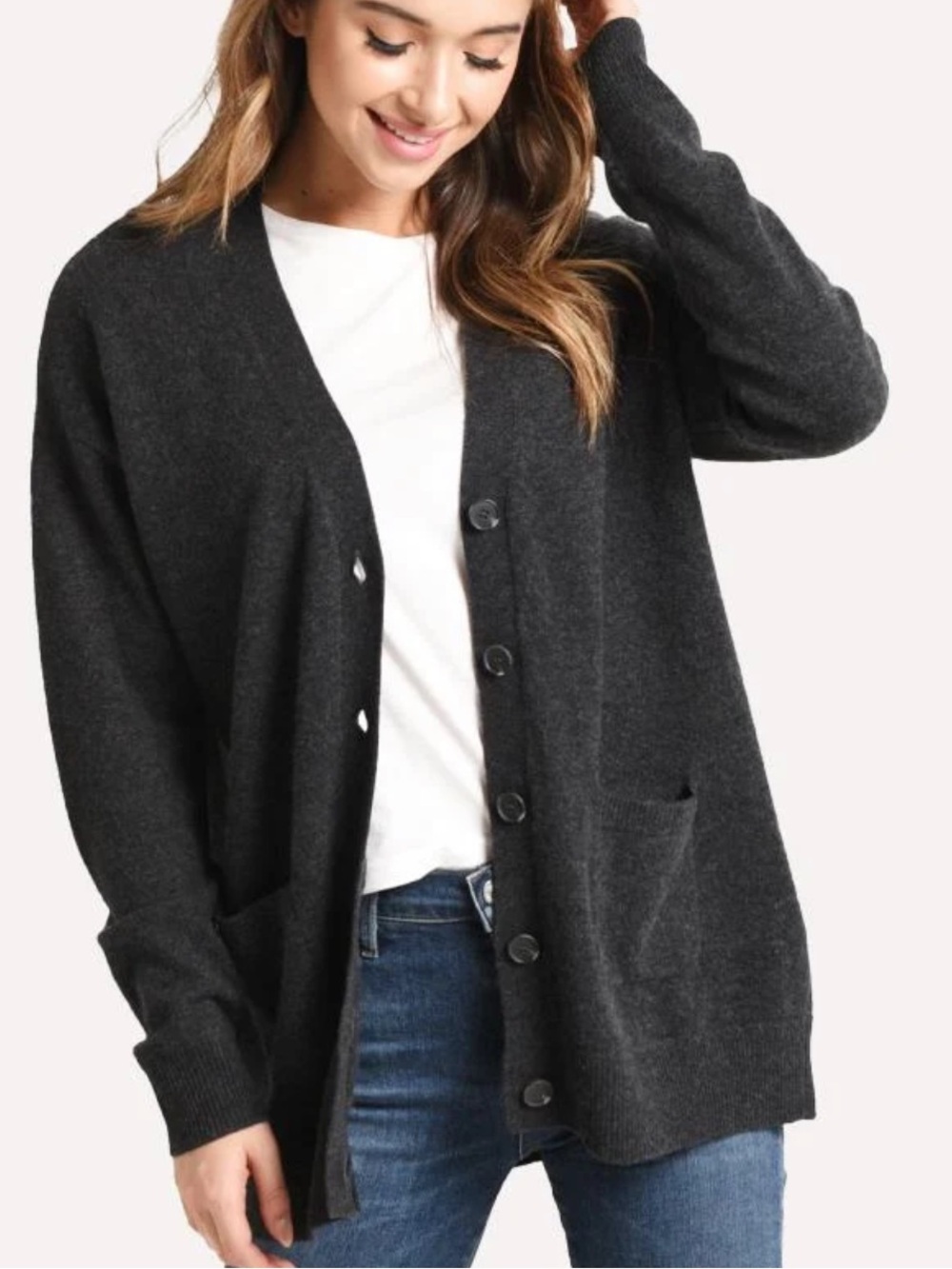 Naadam Sz S Cashmere Sweater Classic Charcoal Grey Boyfriend Cardigan Luxury